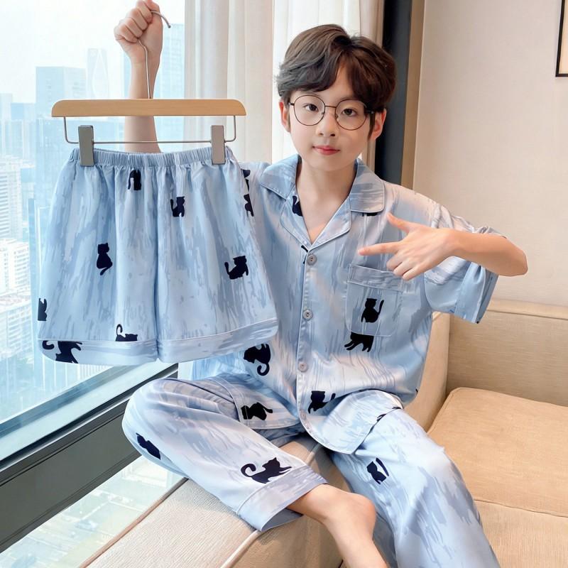 Kids Ice Silk Pajama Set Short Sleeve Cartoon Print Boys Sleepwear Ages 8