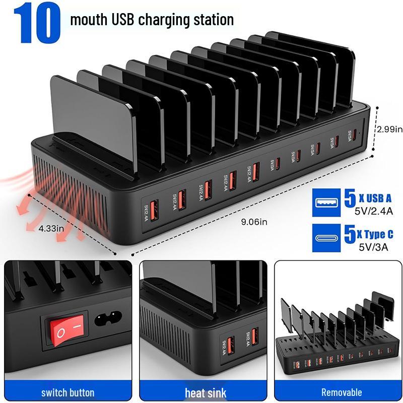 10-Port Universal USB Charging Station with Type-C for Tablets & Phones