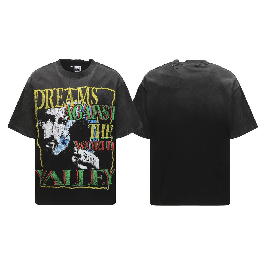 2025 American trendy brand Vall washed old printed short-sleeved hip-hop loose street fashion T-shirt for men and women