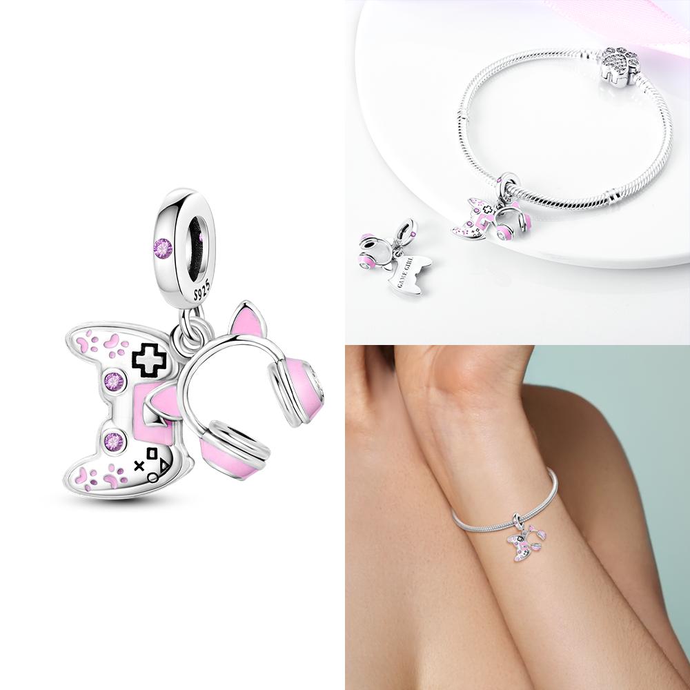 Charms Pink Beads Smart Watch Bike Car Travel Dangle Original Copper Bead Fit Bangle Bracelet Diy Jewelry Woman Fine Gift