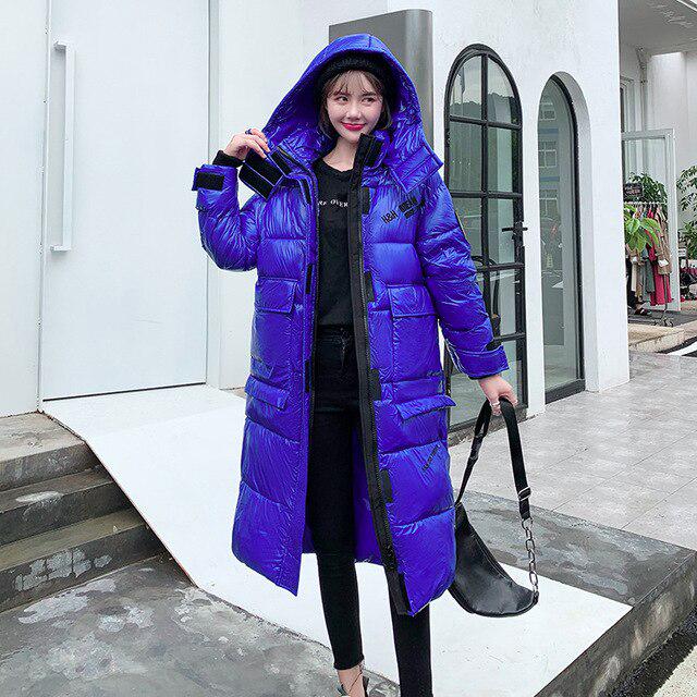 Women Long Winter Jacket Glossy Hooded Windproof Warm BIO Down Coat Oversize Cotton Padded Parkas