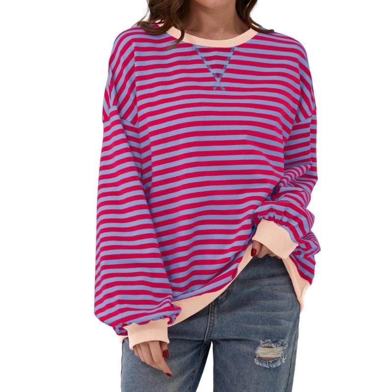 Simple Home Leisure New, Striped Pattern Round Neck Trend Long Sleeve, Pullover Color T-shirt