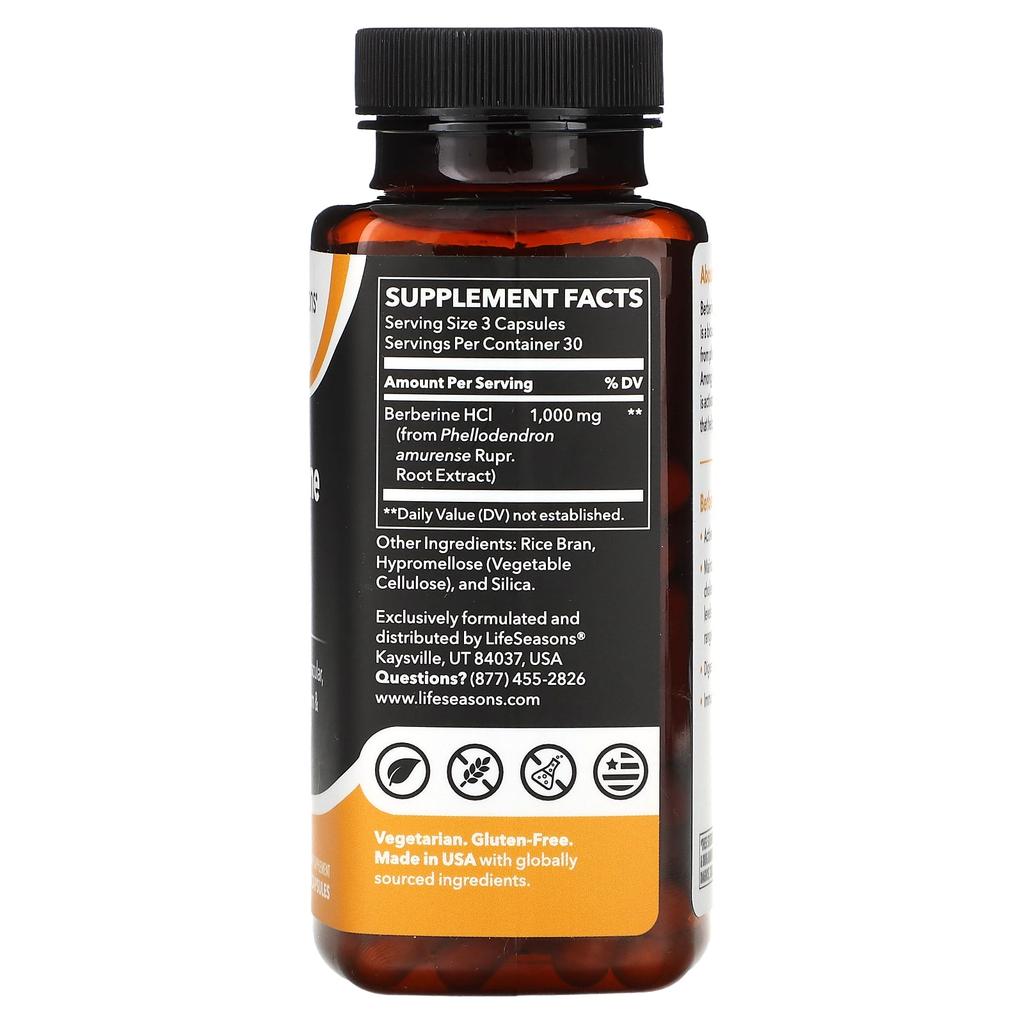 LifeSeasons, Берберин HCl, 1000 мг, 90 растительных капсул (333 мг на капсулу)