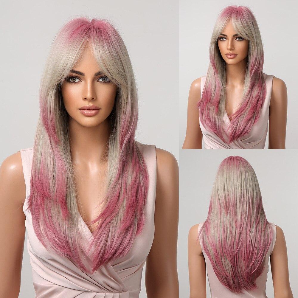 ALAN EATON Long Pink Blonde Wigs with Long Bangs White Hair Wigs for Women Synthetic Wig High Quality Lolita Cosplay Party Wigs