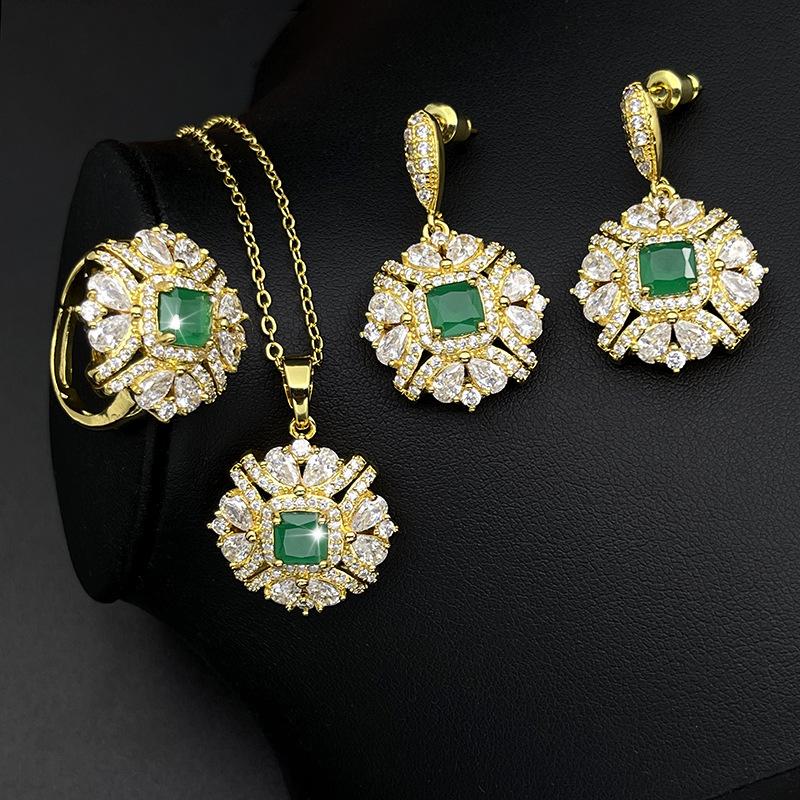 Jewelry Set, Copper-Plated Gold-Inlaid Zircon Jewelry Three-Piece Set, Necklace, Earrings, Ring Set.