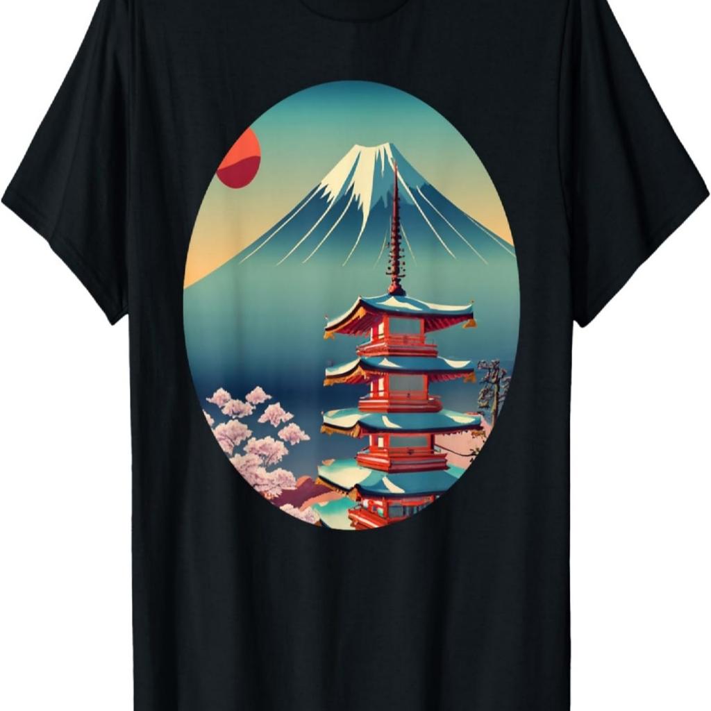 Retro Mount Fuji Japan Art Aesthetic Cherry Blossom Pagoda T-Shirt