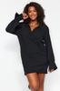 Women's Fashion New Plus Big Size Dress Black Double Breasted Mini Woven Dress