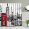 London Big Ben Shower Curtain European Style Red Tram Telephone Hall Scenery Old Newspaper Bath Screen Bathroom Curtain Box