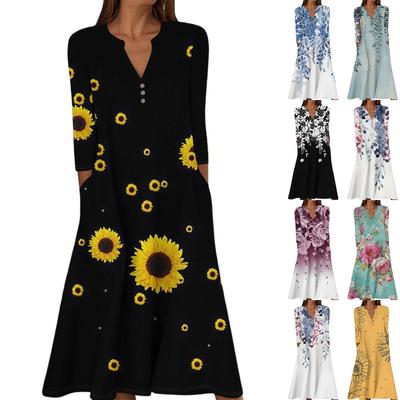 Женское летнее повседневное платье с V-образным вырезом на пуговицах, винтажным цветочным принтом, рукавом три четверти, длинное, с карманами