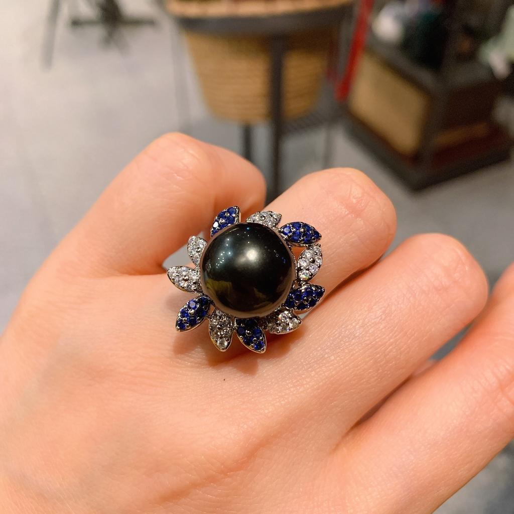 Ювелирное жемчужное кольцо женское микро сапфировое бриллиантовое регулируемое кольцо