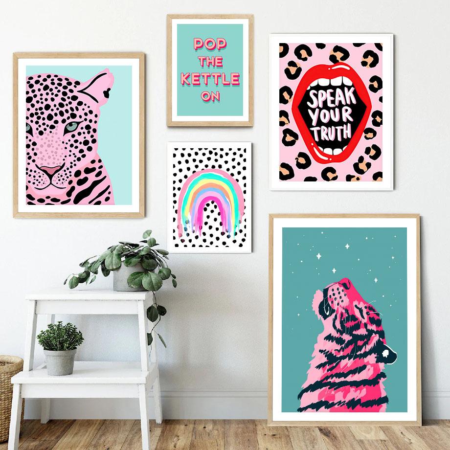 Wild Leopard Tiger Rainbow Girl Power Lips Vase Flower Wall Art Canvas Painting Nordic Poster Wall Picture For Living Room Decor No Frame
