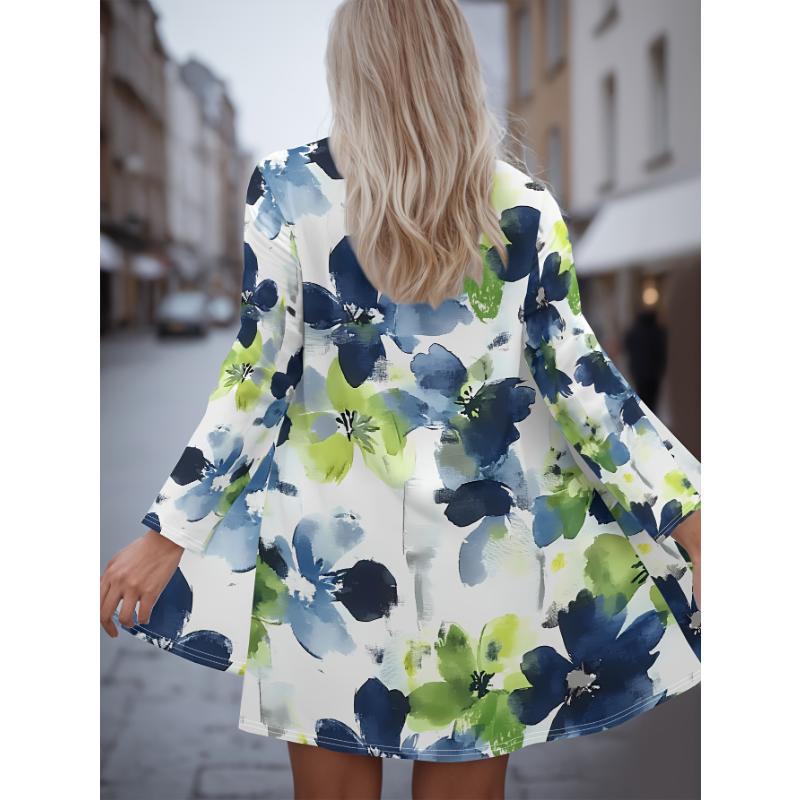 Мода 2025 Женский кардиган с длинным рукавом с цветочным принтом, полиэстер, открытый спереди, легкая накидка, весенне-осеннее повседневное пальто