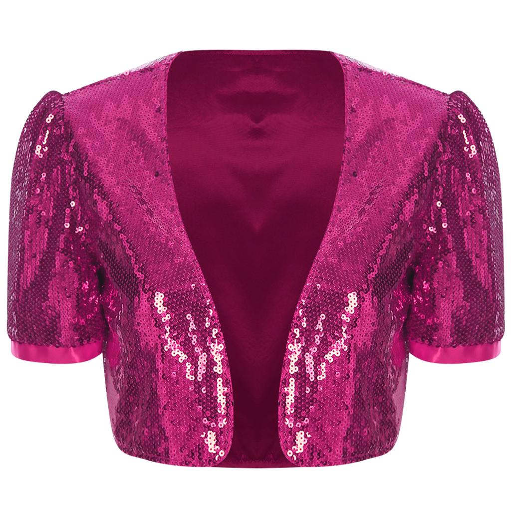 Womens Glitter Sequin Crop Jacket Short Sleeve Open Front Shiny Clubwear Party Outerwear Evening Cover Up