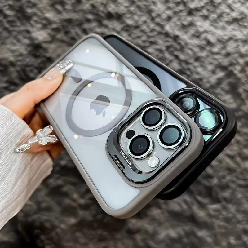 KEYSION Magnetic Transparent Phone Case for MagSafe for iPhone 15 16 Pro Max 16 Plus 16e Lens Protector Metal Stand Shockproof Cover