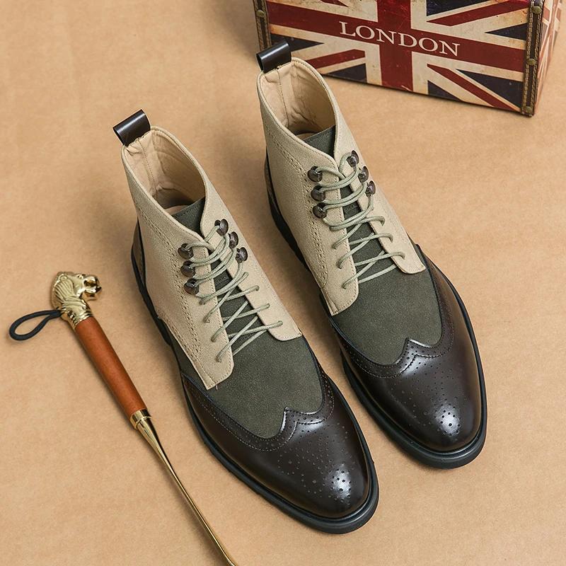 Модная Ретро Черная Высокая Мужская Обувь Броги Заостренный Носок Шнуровка Кожаные Ботинки Удобные Нарядные Ботинки для Мужчин 2025 Botas Para Hombre
