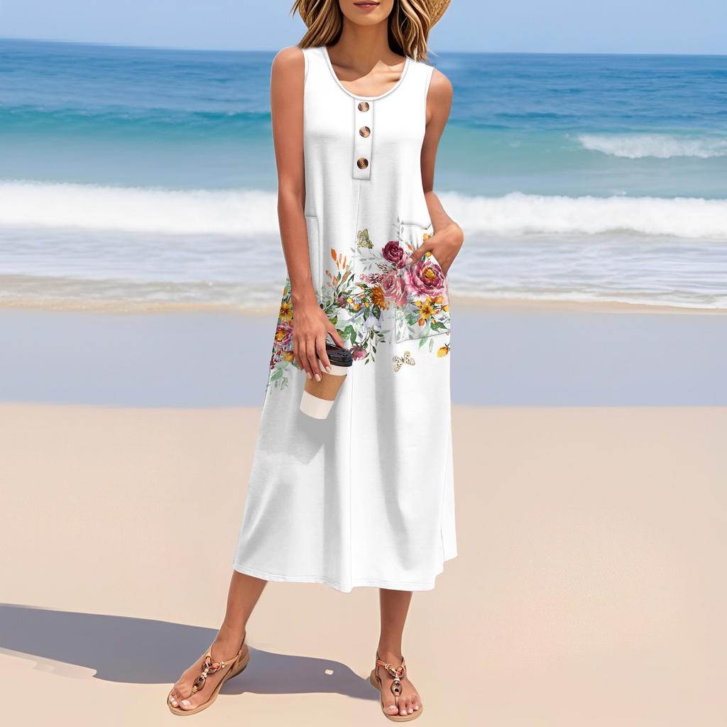 Женское летнее платье с цветочным принтом без рукавов на пуговицах, повседневный свободный длинный пляжный сарафан