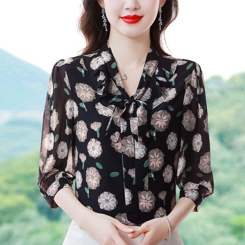 Рубашка из шифона с рукавами семь минут, цветочные узоры, женские весенние и летние новые модные топы, женская свободная универсальная рубашка