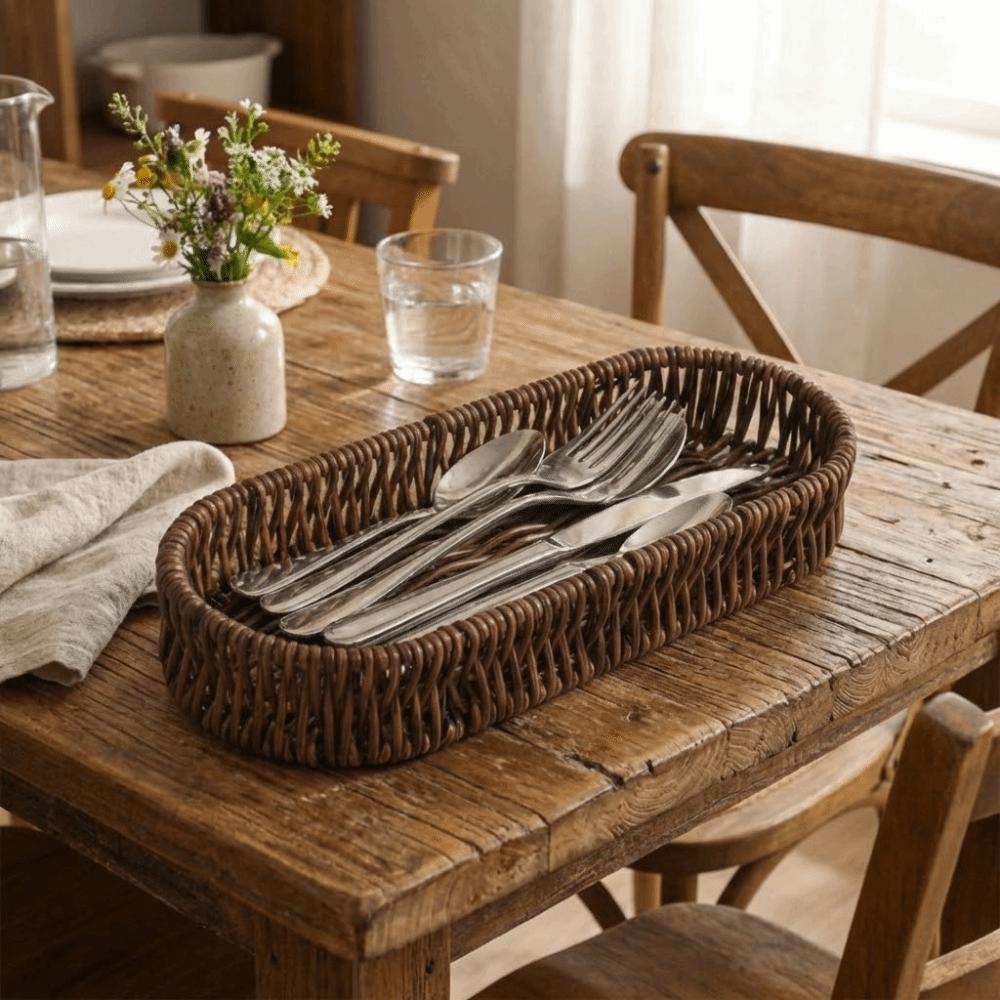 Oval Shape Tableware Storage Basket Retro Plastic Faux Wicker Tray Decorative Minimalist Desk Shelf Baskets Dining Room