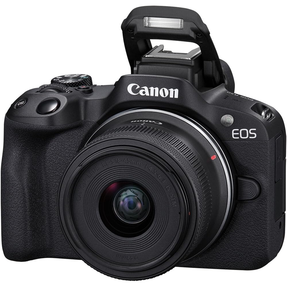 The Canon EOS R50 mirrorless camera and the lens are STM lenses (black) RF-S18-45mm F4.5-6.3 (renewed).