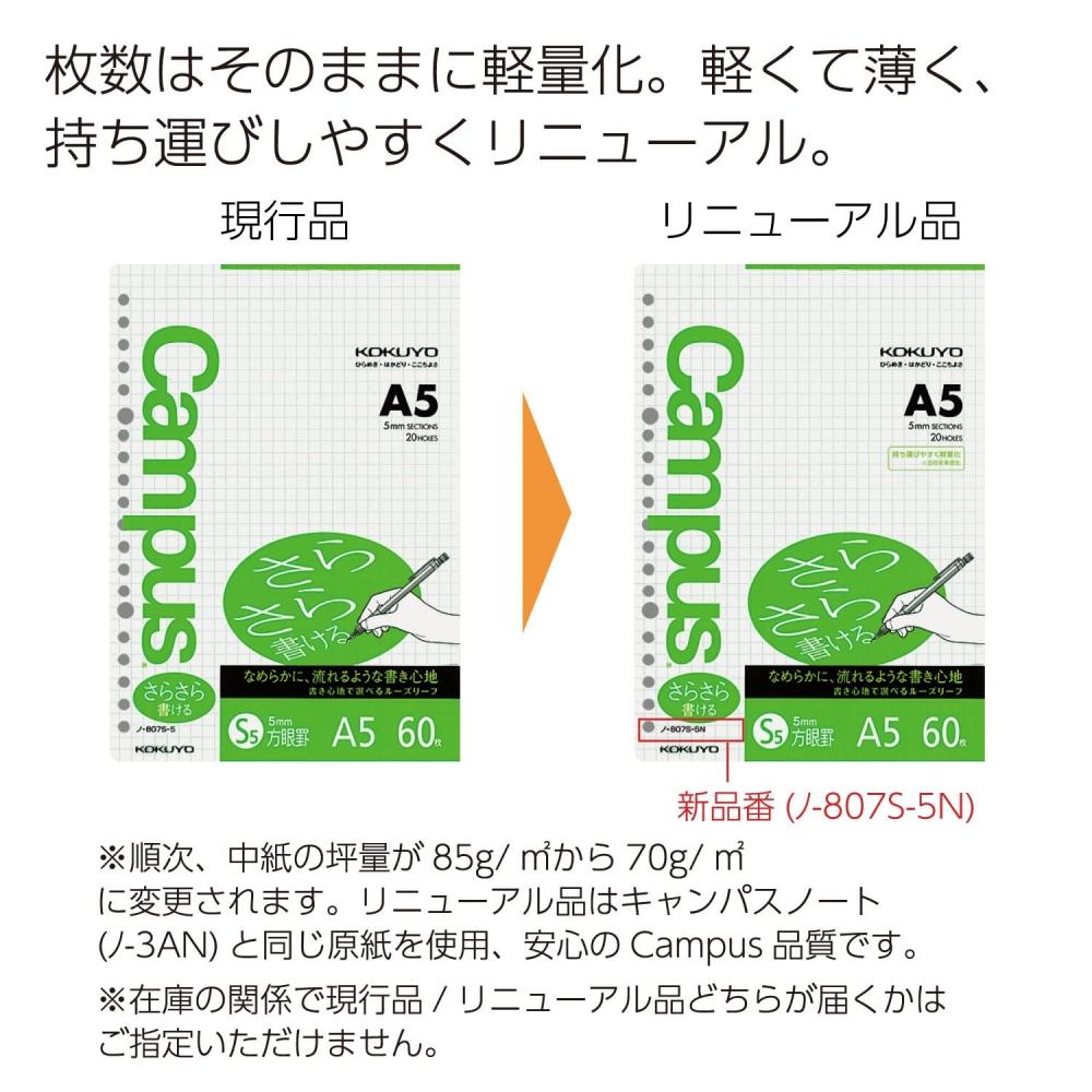 KOKUYO Campus Loose Leaf Easy to Write 5 мм Сетка A5 60 листов No-807S-5N