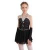 Girls Sparkling Skating Dress Sleeveless Patchwork One Piece with Fingerless Gloves Built In Briefs Performance Costume