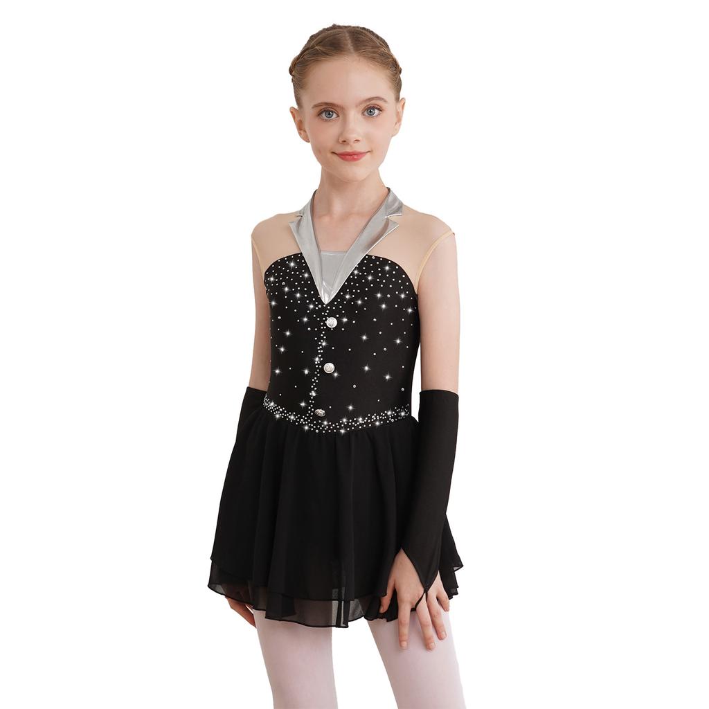 Girls Sparkling Skating Dress Sleeveless Patchwork One Piece with Fingerless Gloves Built In Briefs Performance Costume