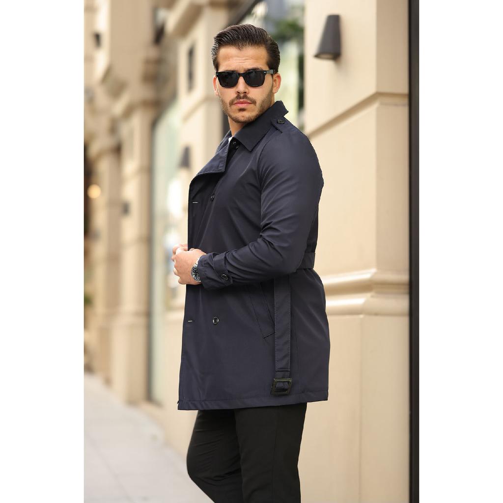 Мужской черный водо- и ветрозащитный плащ с поясом, верхнее пальто