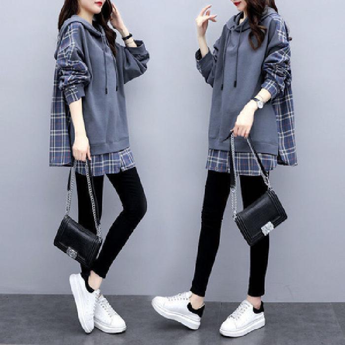 Spring Autumn Women's Cotton Hooded Sweatshirt for Women Loose Fit  Fake Two-piece Hoodie