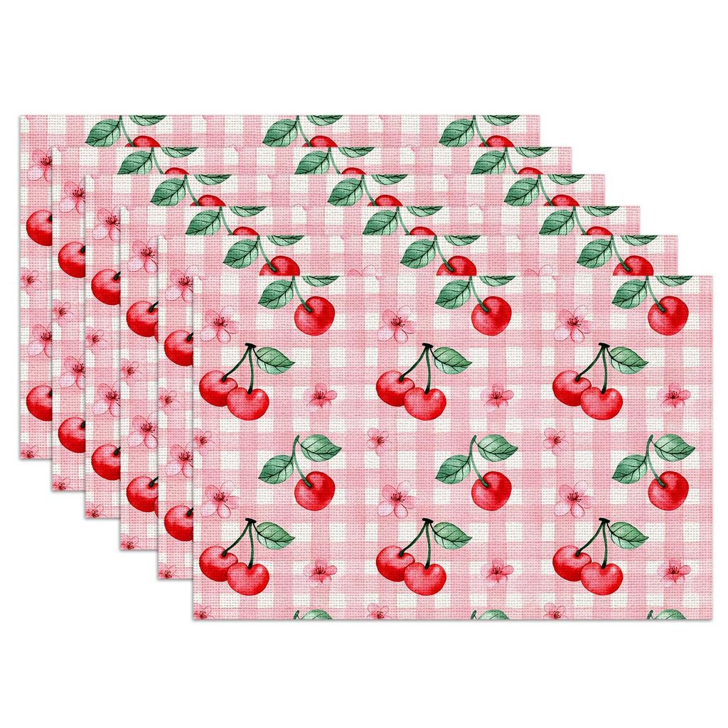 Pink Cherry Spring Flower Placemats Set of 6,12x18 Inch Linen Place Mat Washable Stain Resistant Table Mats