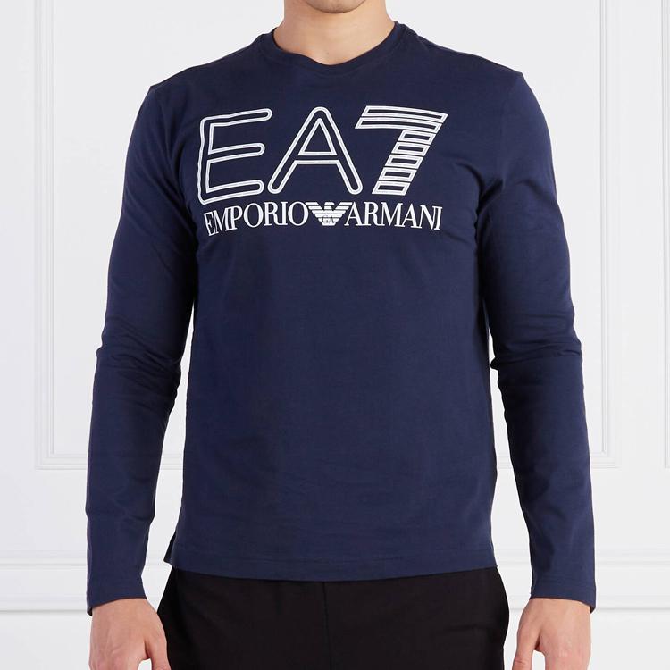 Emporio Armani FW23 Серия EA7 Футболка с принтом логотипа с круглым вырезом с длинным рукавом Мужские топы Синий 6RPT04-PJFFZ-1554