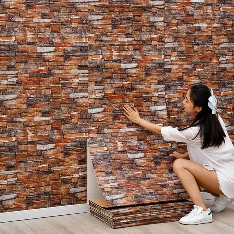 3D Self-Adhesive Wallpaper 70cm*1m Continuous Waterproof Brick Wall Stickers Living Room Bedroom Children's Room Home Decoration