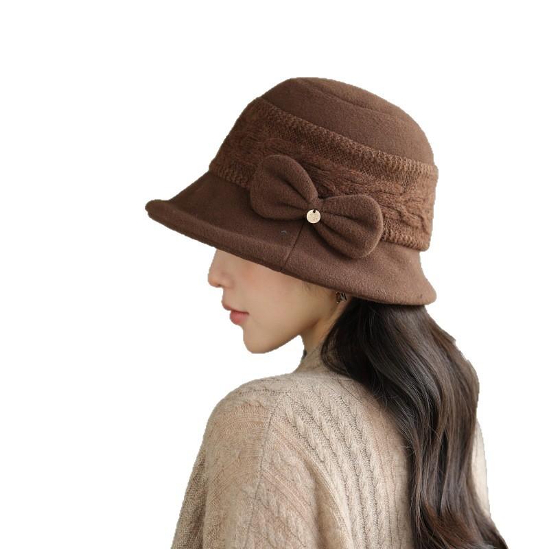 Autumn and winter warm woolen knitted bucket hat French retro washbasin hat versatile elegant bow hat women