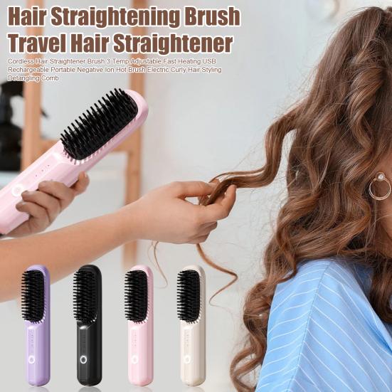 Cordless Hair Straightener Brush 3 Temp Adjustable Fast Heating USB Rechargeable Portable Negative