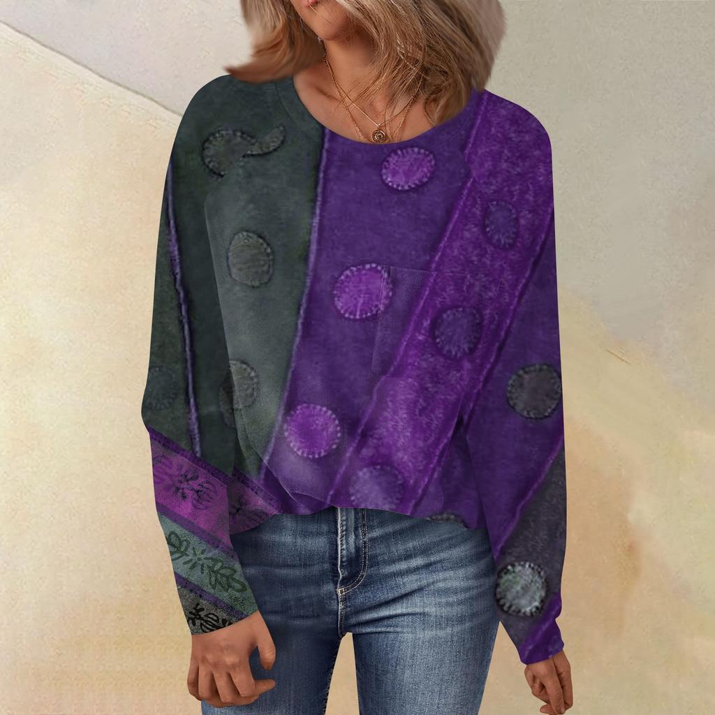 Women's Round Neck Floral Print Raglan Sleeves Long Sleeves All-match Loose Top