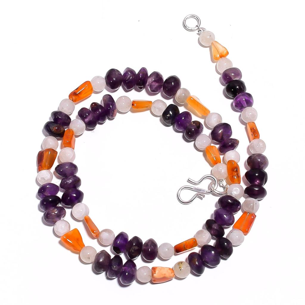 Natural Amethyst Carnelian Moonstone Gemstone Smooth Beads Necklace 17" UB-4634 UB-4634