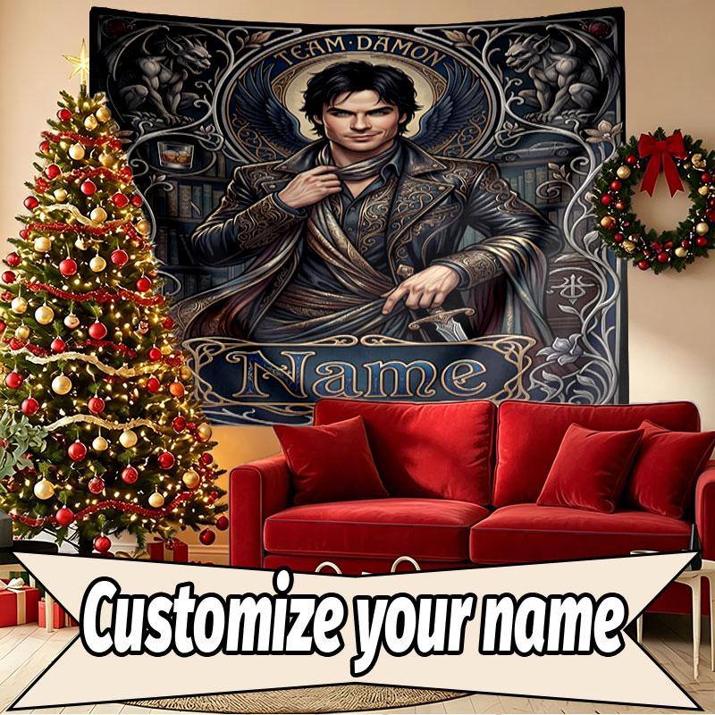 Custom Name Personalized Damon Salvatore Print Tapestry, Wall Art Decor, Bedroom, Dorm, Apartment, LivingRoom, Party Backdrop, Gift for Birthday
