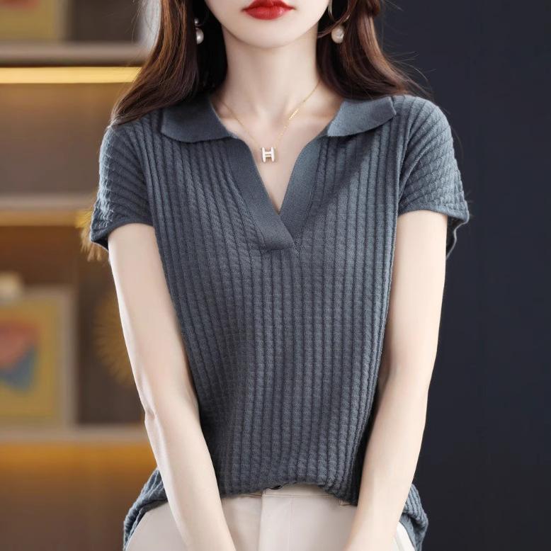 Женская трикотажная футболка с коротким рукавом и воротником ПОЛО, свободный топ, летняя новая футболка-пуловер