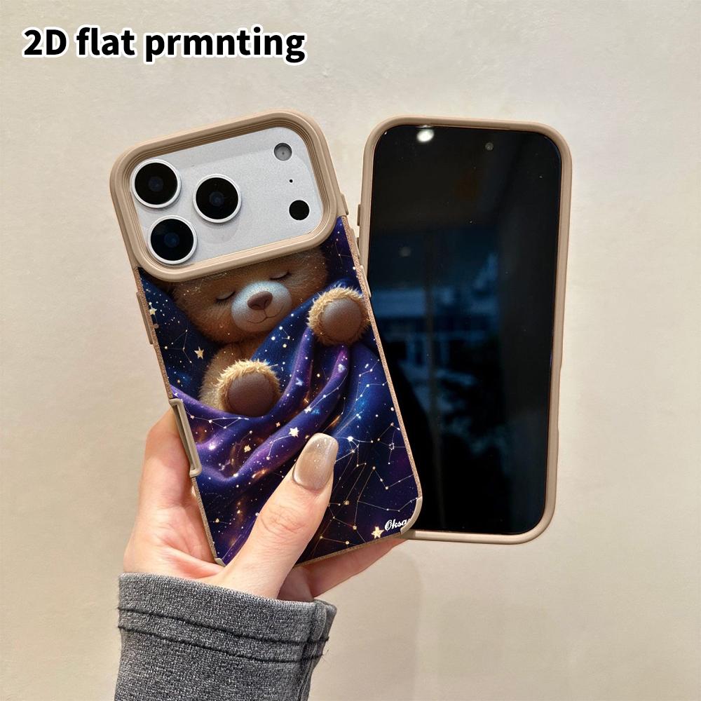 Phone Case: 2D flat lambskin suitable for iPhone 18 17 16 15 14 13 Pro protective case, starry sky bear, Christmas and Halloween gift