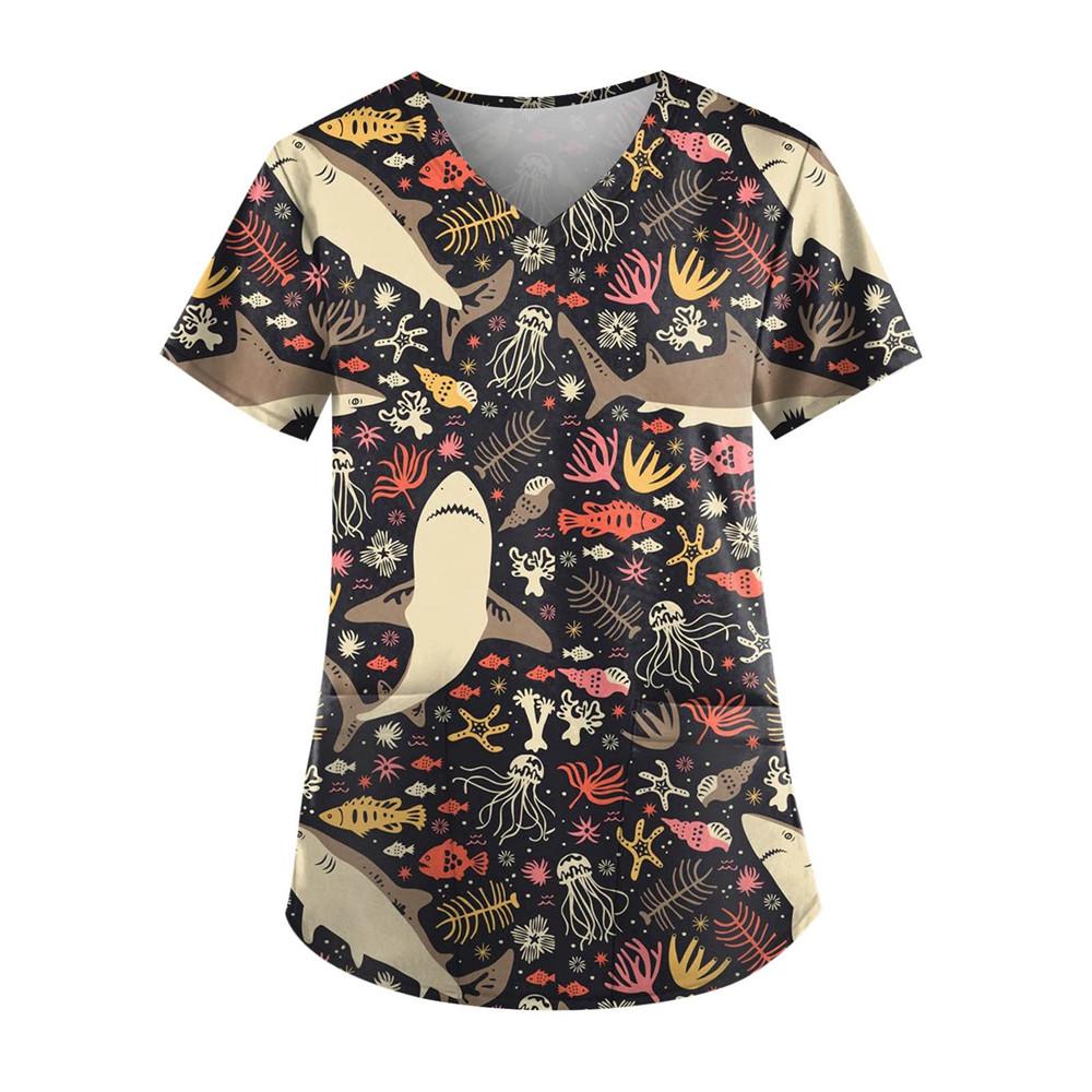 Женская одежда с мультяшным 3D-принтом и V-образным вырезом, женская рабочая одежда, топы с коротким рукавом и карманами, униформа для сиделок и медсестер