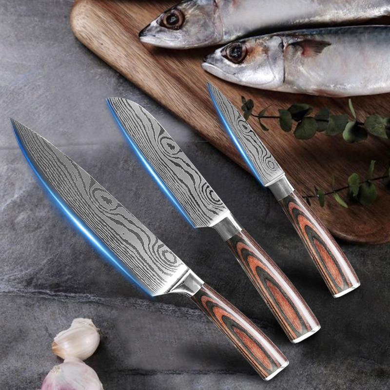 Japanese Chef's Knife Set 3 Pieces Damascus Steel Pattern Kitchen Knives Set Meat Cleaver