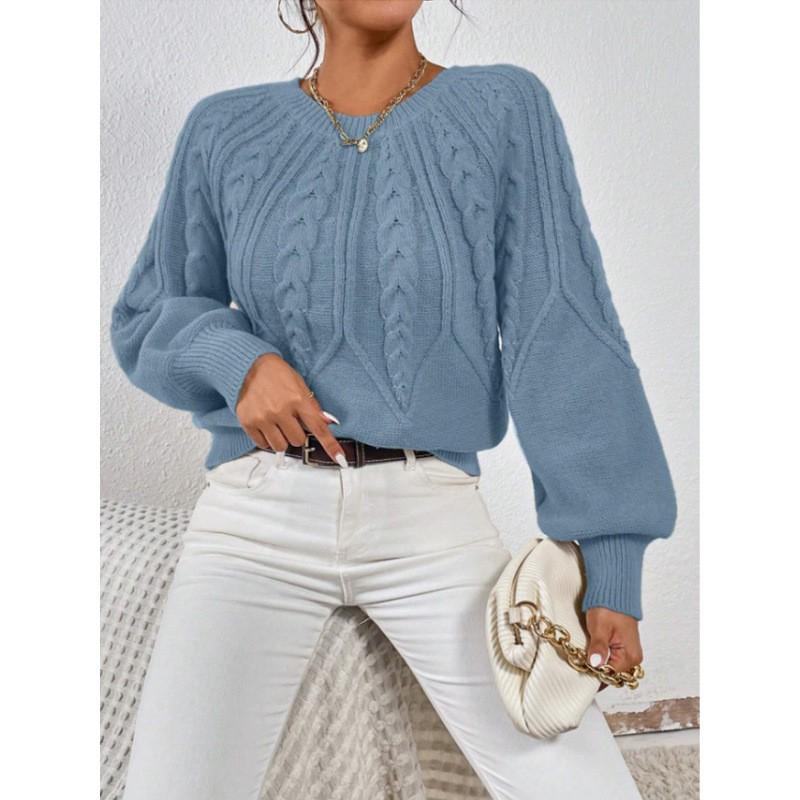Womens Crew Neck Long Sleeve Knit Sweater Loose Fit Cable Solid Color Casual Winter Basic Top