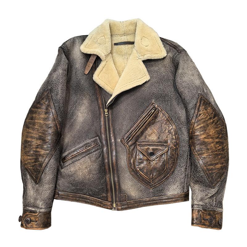 Replica RL retro casual fur integrated men's lapel oblique zipper heavy wash make old fur integrated coat