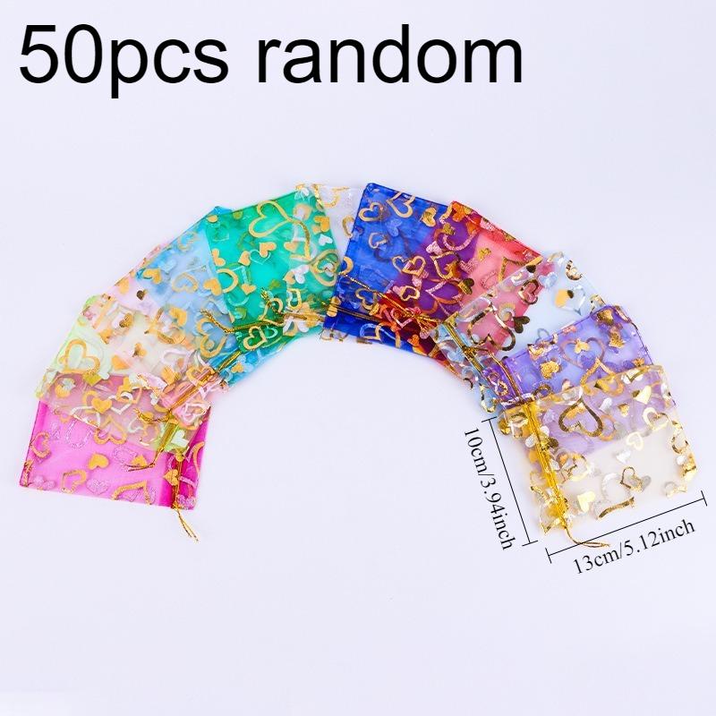50pcs Polyester Organza Gift Bags, Love Heart Design, for Jewelry and Bead Packaging, with Drawstring Closure