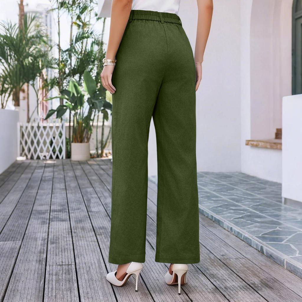 Женские летние однотонные свободные прямые брюки с внешним карманом и высокой талией