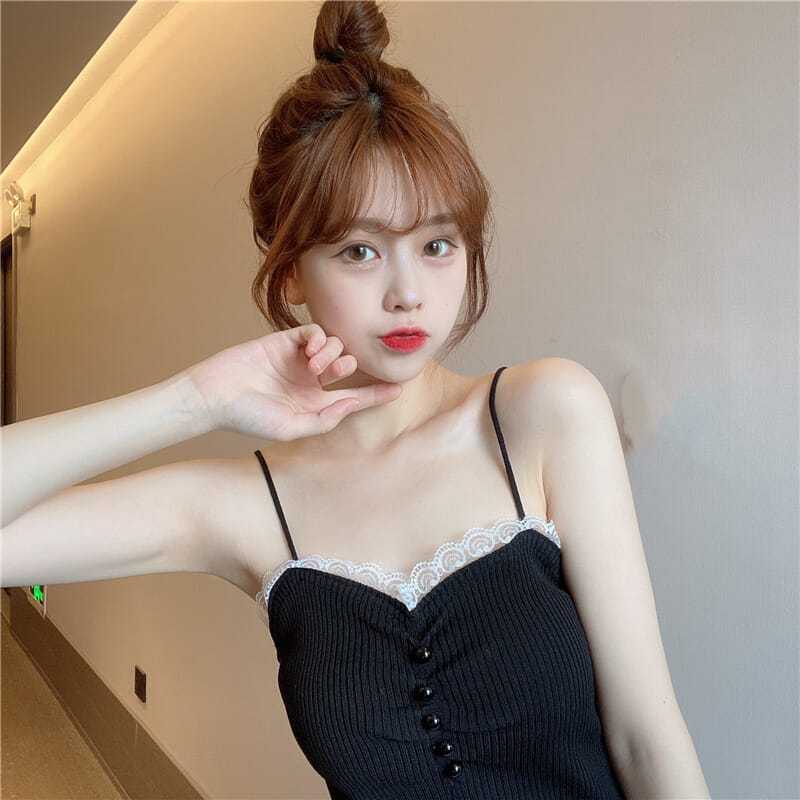 Вязаная майка с кружевными вставками, подтяжки, женская летняя тонкая универсальная верхняя одежда во французском стиле, облегающая однотонная кофточка