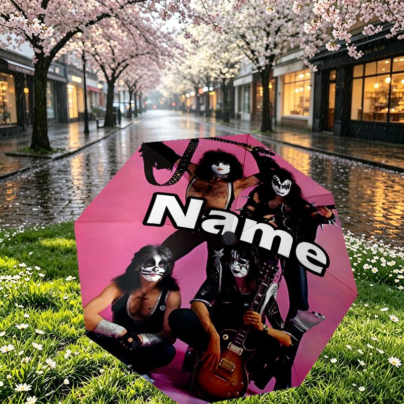 Custom Name Personalized Kiss Rock and Roll Print Umbrella, Auto Open Close, 8‑Rib Sturdy Frame, Commute Camping Hiking Use, Birthday Gift
