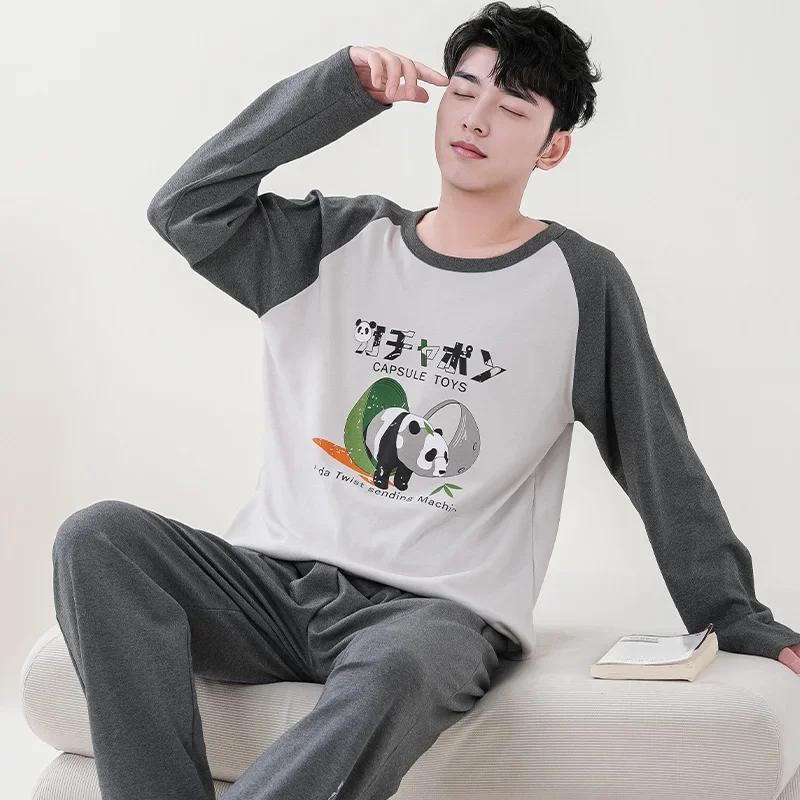 Милый пижамный комплект с рисунком панды для мужчин, хлопковый осенний комплект с длинными рукавами и круглым вырезом, ночная рубашка для осени и весны, домашняя одежда для мужчин