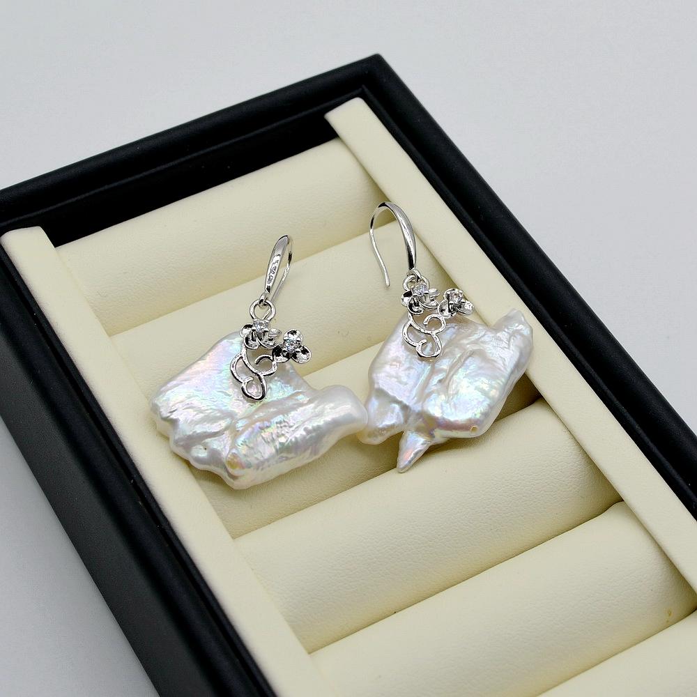Exaggerated Drop Earrings White Natural Pearl Irregular Square Sterling Silver Earrings For Women Baroque Flat Pearl Earrings