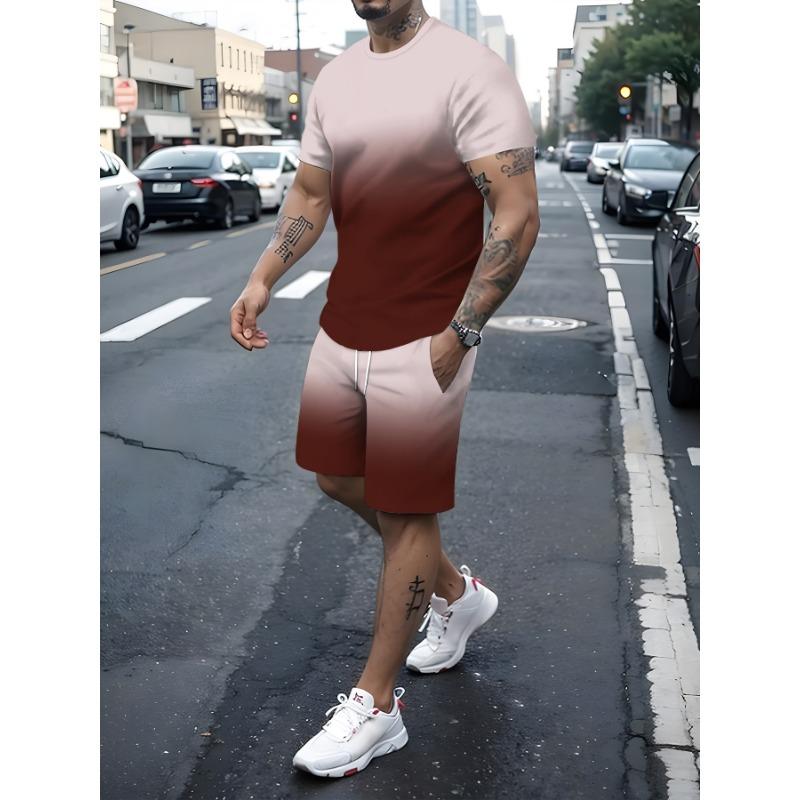 Новый мужской спортивный костюм с 3D-печатью, фитнес-комплект, беговой костюм, повседневный комплект из футболки и шорт, дышащая спортивная одежда для бега, полосатый костюм