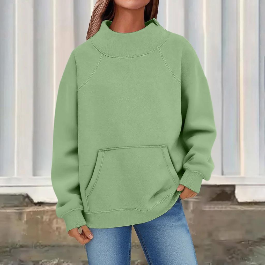 Women's Fashion Oversized Fleece-Lined Long-Sleeve High-Neck Pullover Solid Color Sweatshirt